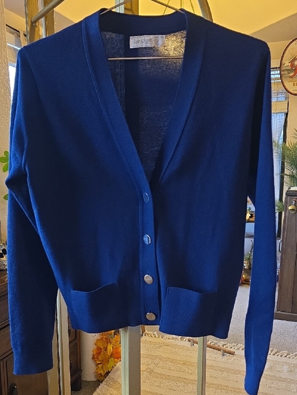Vintage Lyle & Scott Ladies Navy Cashmere Cardigan With Gold Tone Buttons